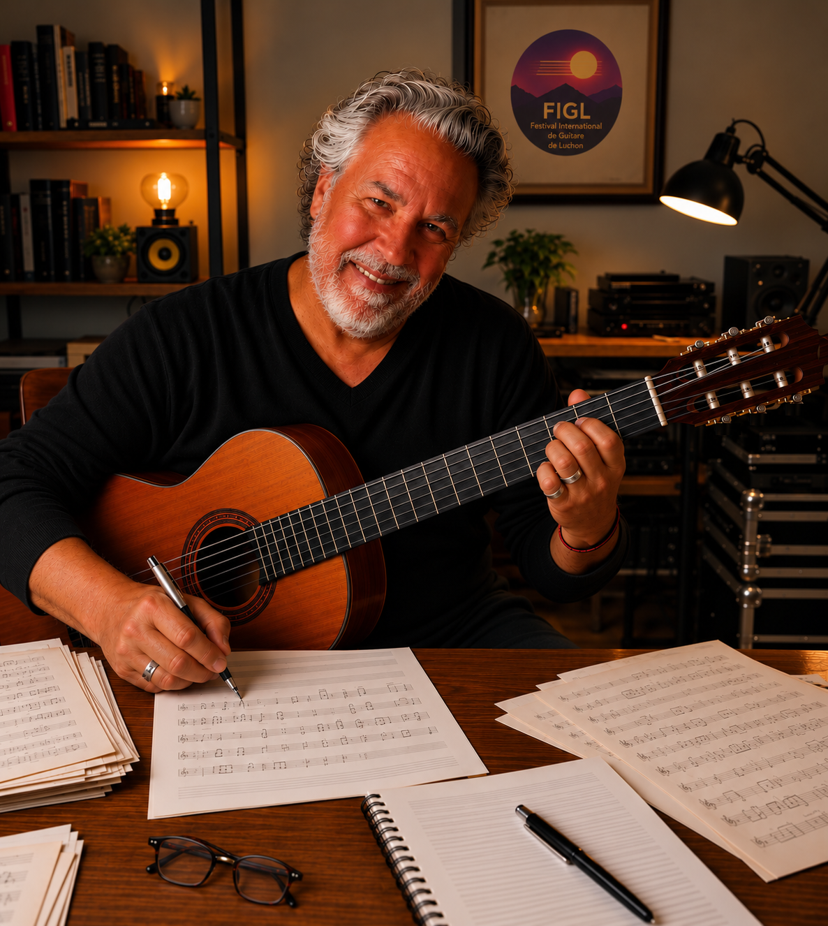 Michel Dalle Ave avec sa guitare, entouré de partitions